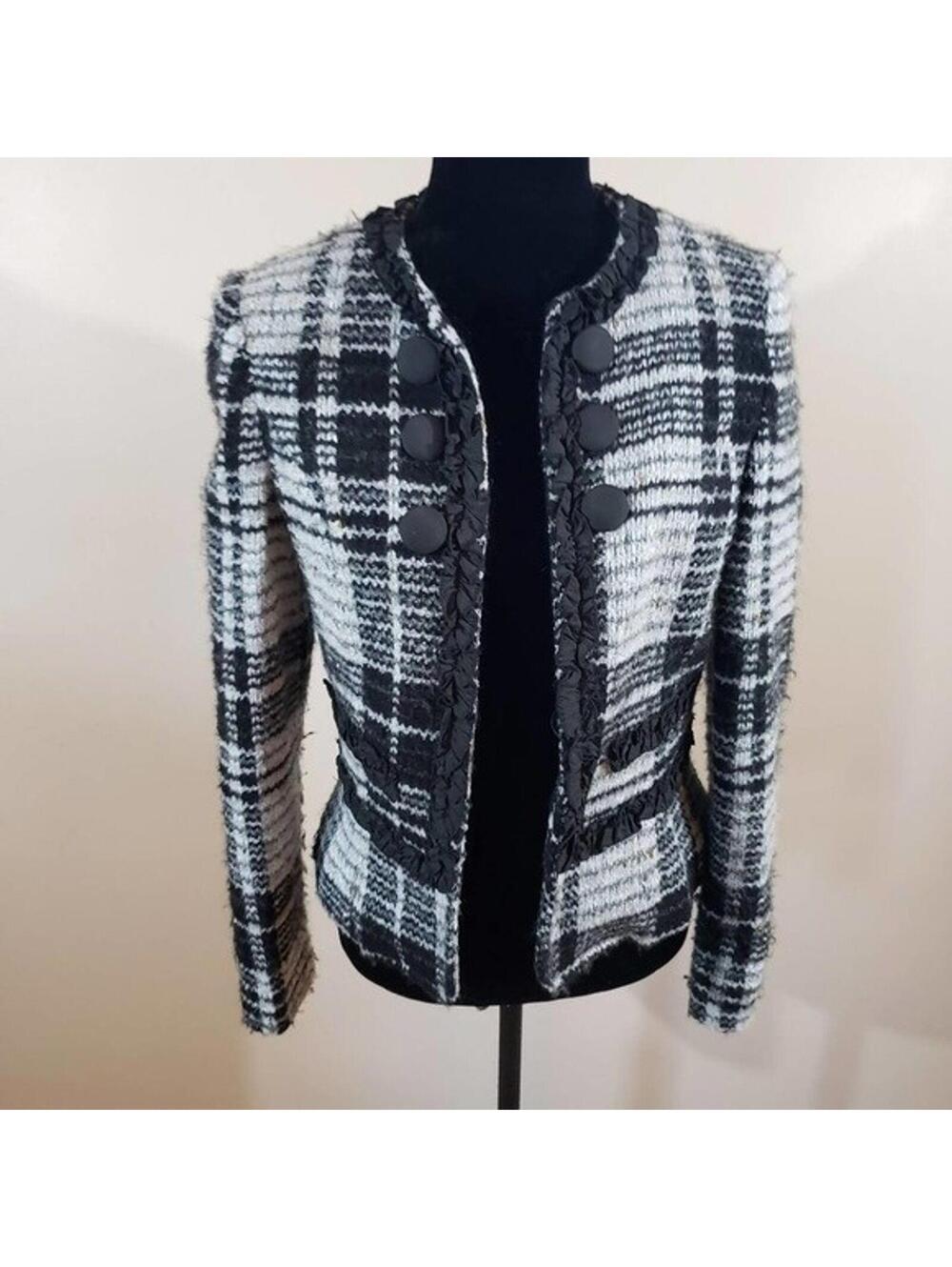 Alberto Makali Plaid Tweed Jacket Blazer Women's Small Black White Gold
